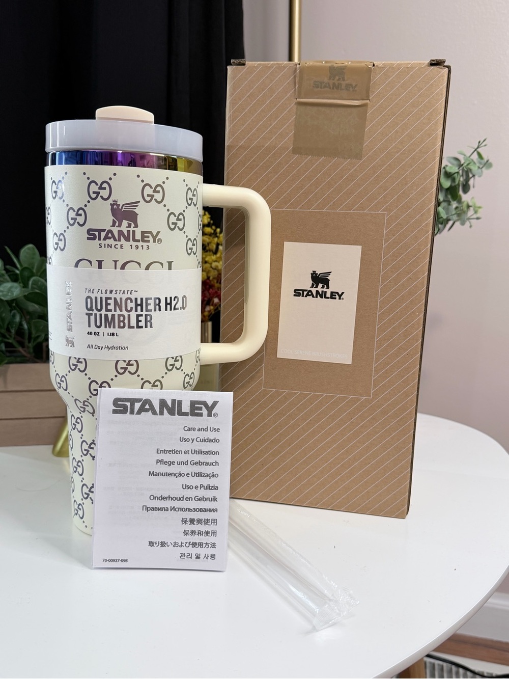 Stanley Cream Gucci Pattern Quencher H2.0 Tumbler with Iridescent Lid